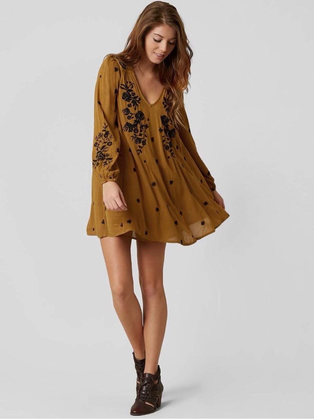 Free People Mustard Mini Dress with Black Floral Embroidery